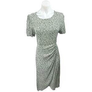 4SI3NNA Green Floral Puff Sleeve Ruched Button Slit A-Line Wrap Midi Dress Sz L